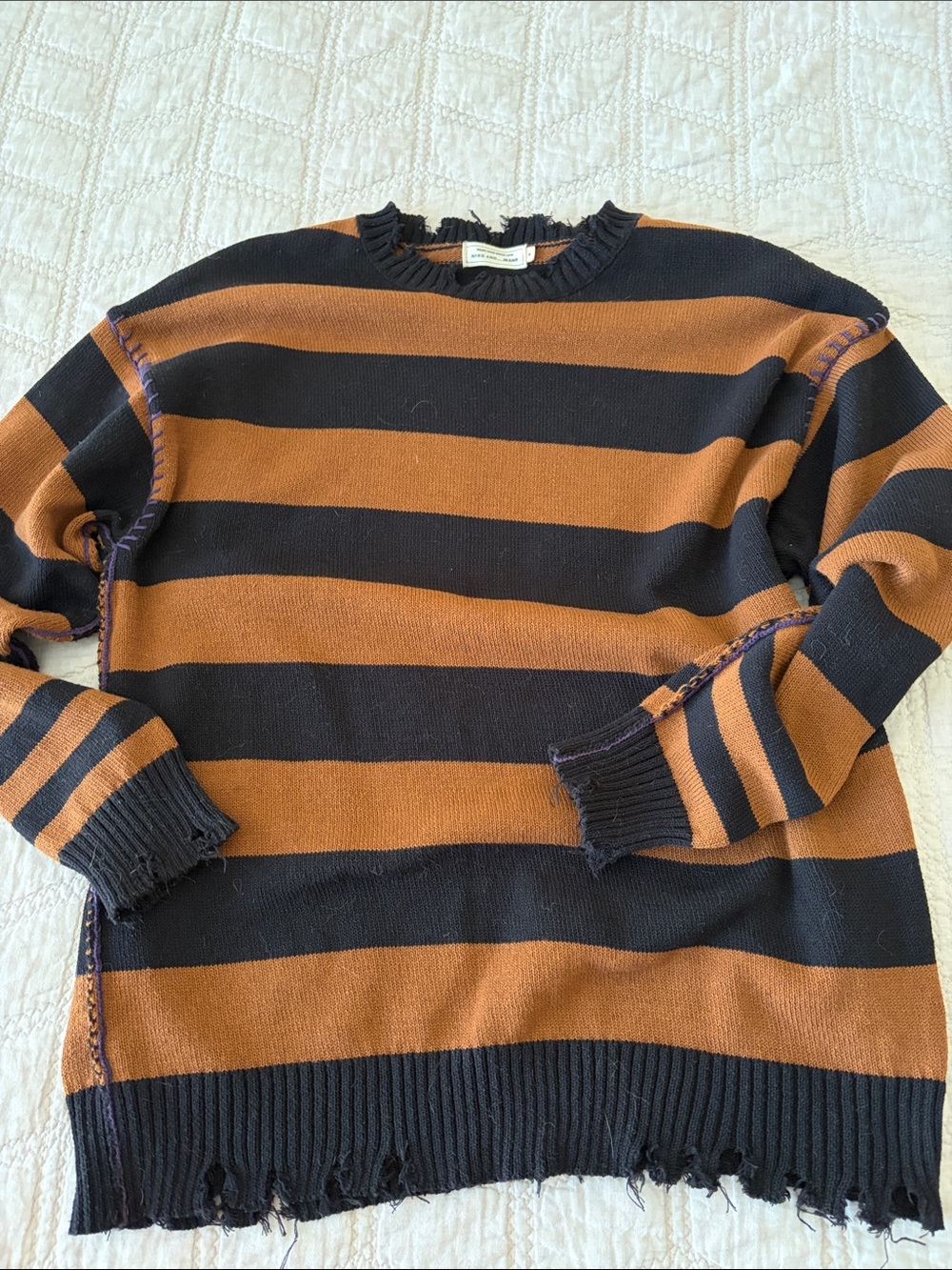 Nico and… Men's Striped Destroyed Crewneck Sweater Black & Brown w Purple Stitch